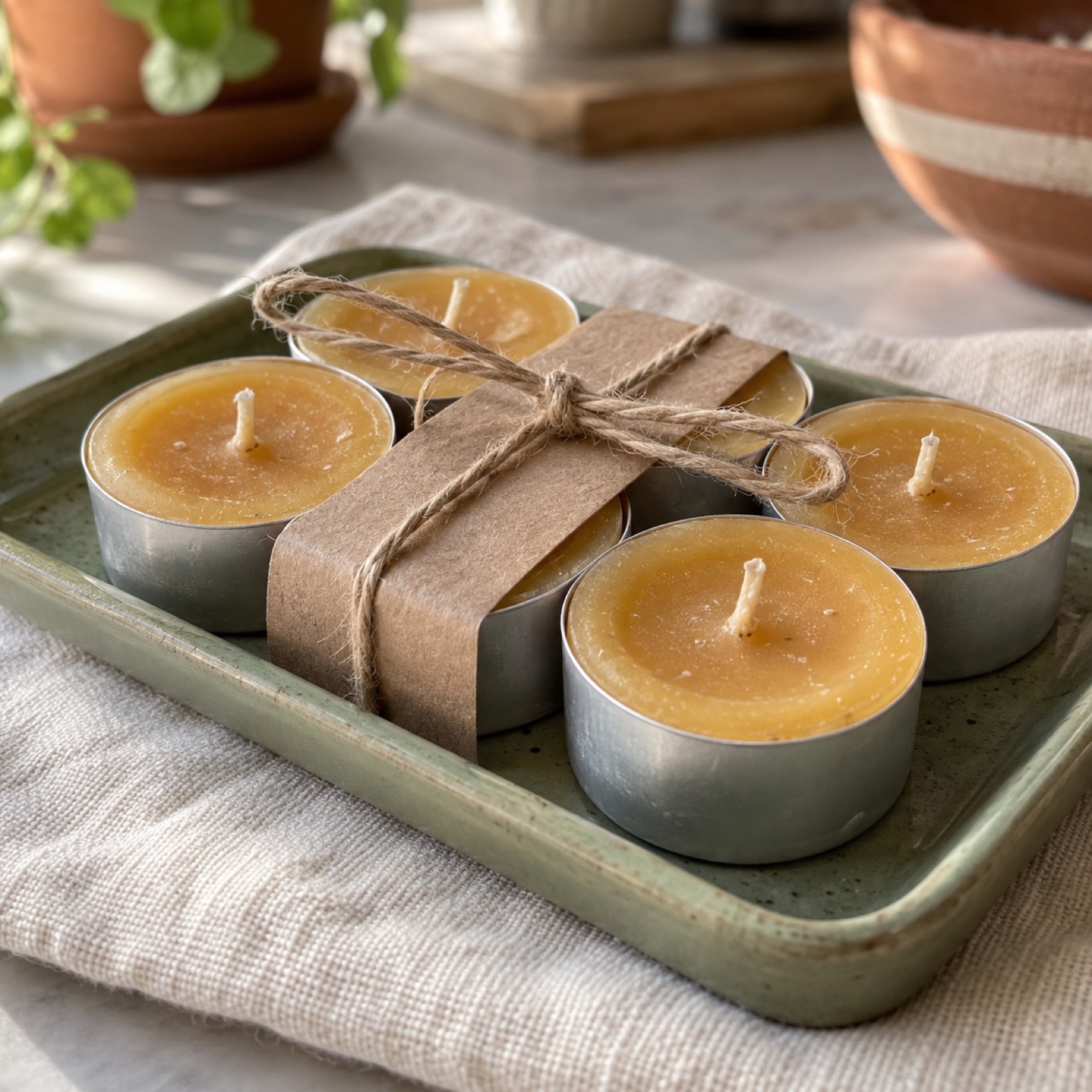 Six small beeswax tea lights in a row on a kitchen counter