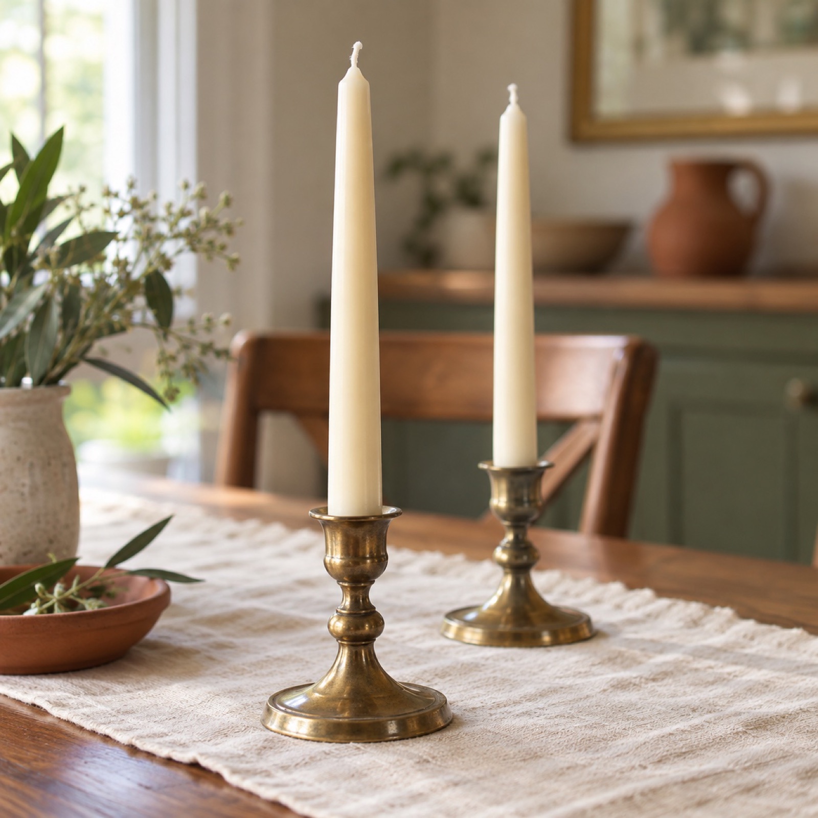 Two cream taper candles in brass holders on a dining table