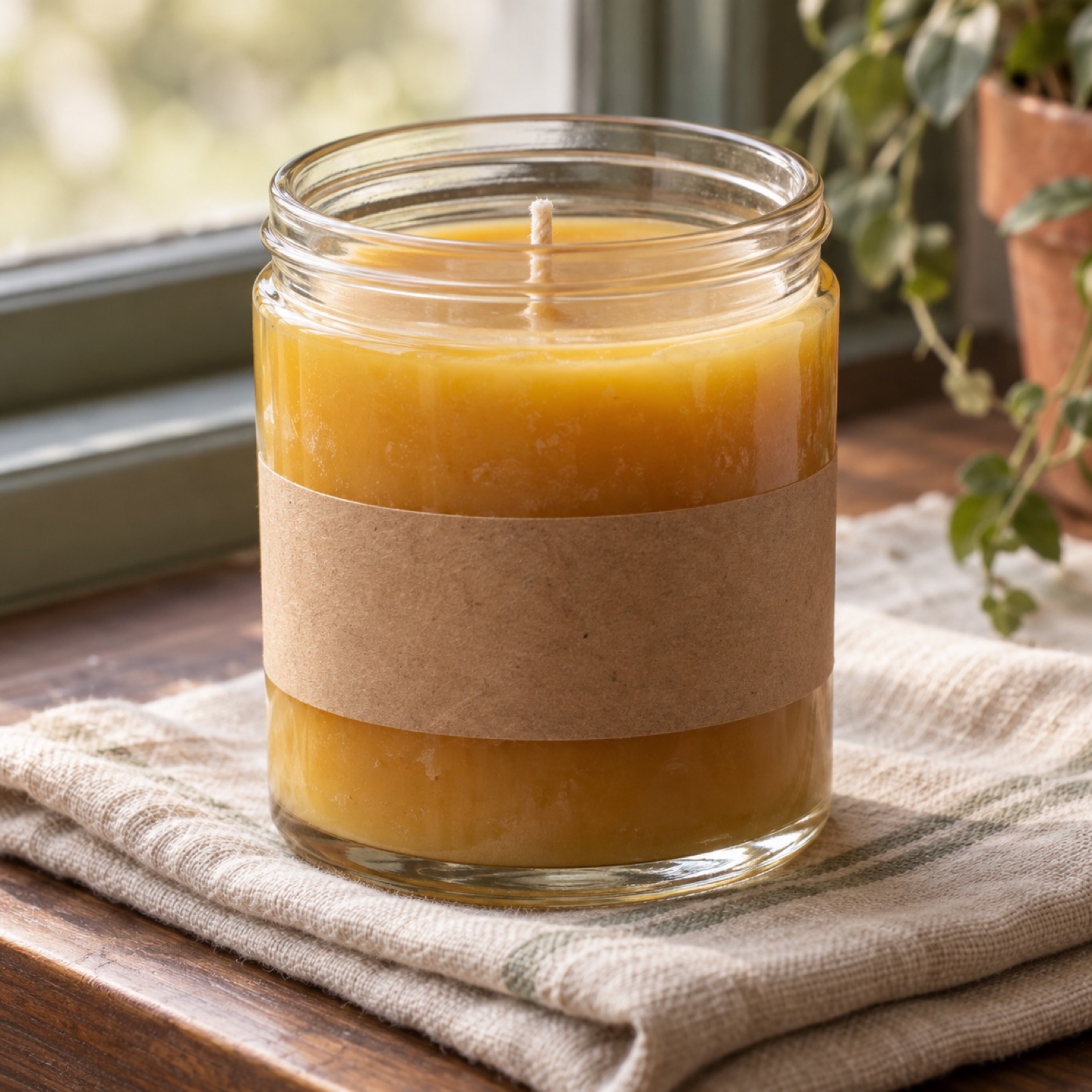 A handmade beeswax jar candle on a windowsill
