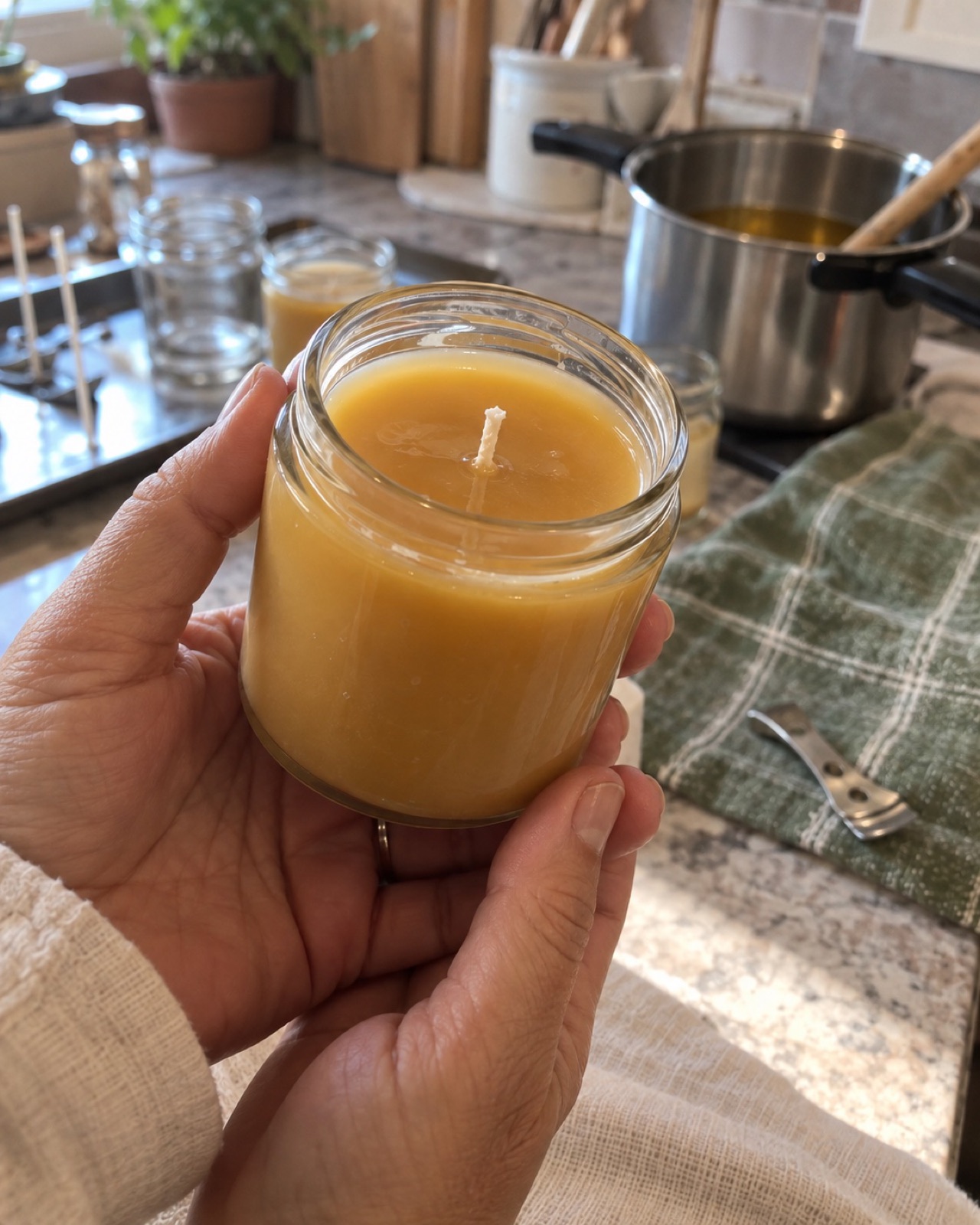 A row of finished beeswax tea lights on a kitchen table