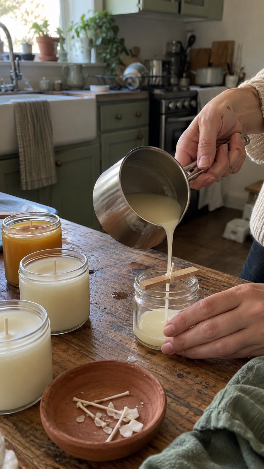 Hands pouring melted wax into a small glass jar on a kitchen table beside finished candles